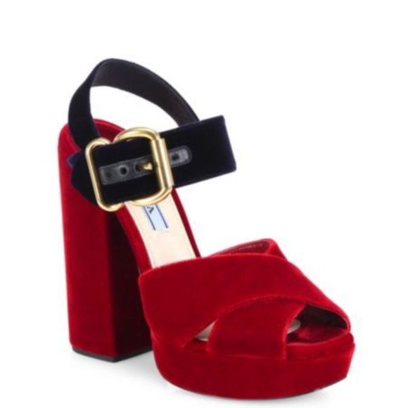 Prada Bicolor Velvet Red & Navy Platform Sandals - Picture 1 of 6